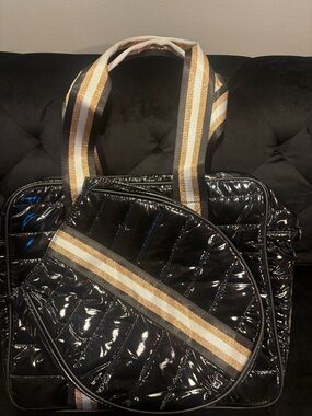 Black Quilted Patent Tote with Tennis or Racketball Pouch